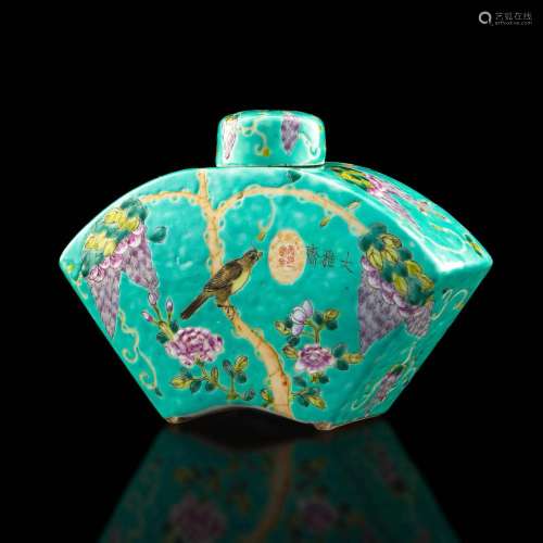 A Chinese dayazhai-style turquoise-ground famille rose tea c...