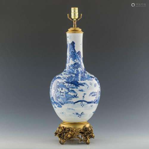 A Chinese blue and white bottle vase lamp, early 19th centur...
