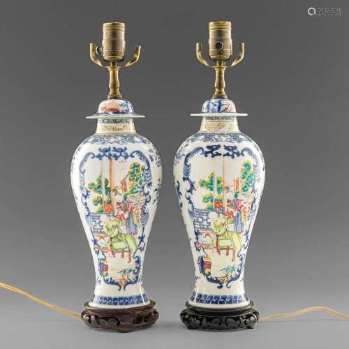 A pair of Chinese export blue and white jar lamps, 18th cent...