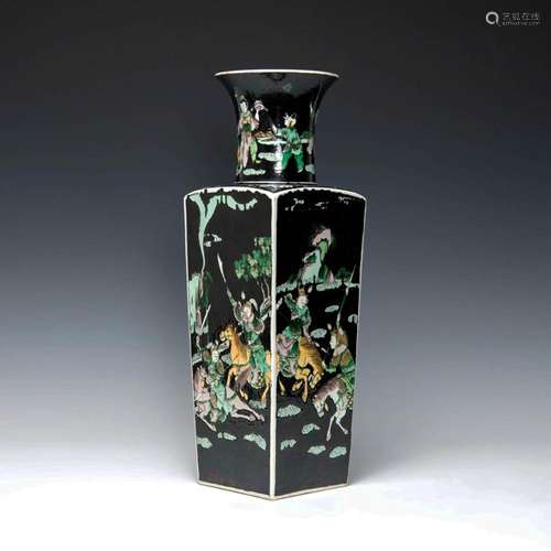 A Chinese black-ground sancai square vase, 19th century