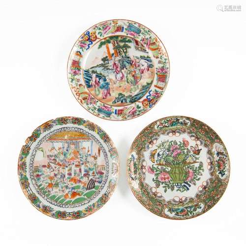 Three Chinese 'rose medallion' plates, 19th century