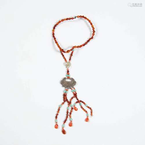 A Chinese amber and jade bead necklace with silver buckle, R...