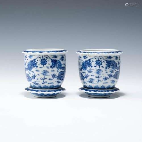 A pair of Chinese blue and white dragon jardinieres, Republi...