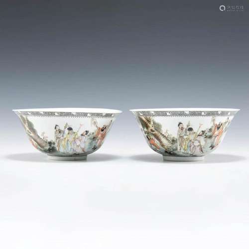 A pair of Chinese famille rose Eight Immortals bowls, Republ...