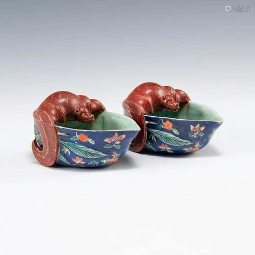 A pair of Chinese blue-ground peach-form water coupes, 18th ...