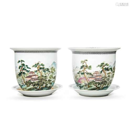 A pair of large Chinese famille rose landscape jardinieres, ...