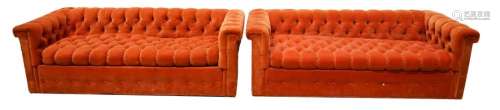 A Pair of John Stuart orange velvet upholstered Chesterfield...