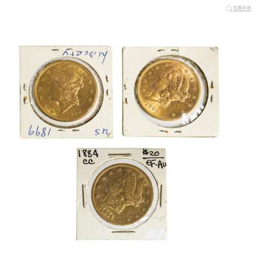 Three Carson City $20 gold Liberty Double Eagles: 1883 CC (E...