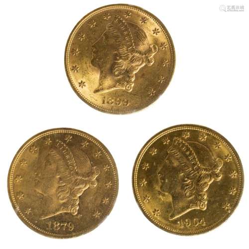 Three $20 Liberty Gold Double Eagles: 1879s (Au); 1899 (Bu);...