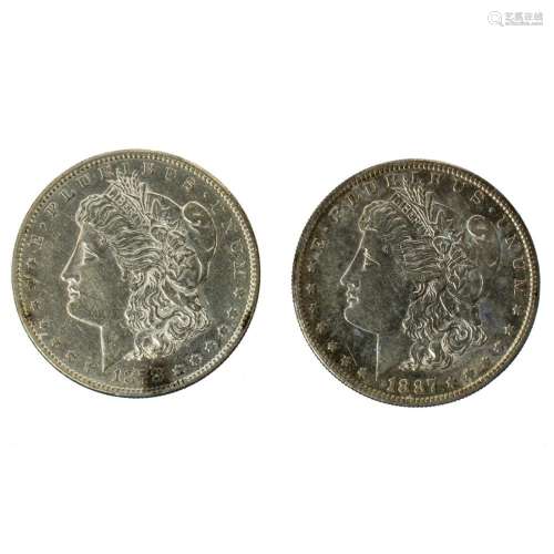 Two Morgan Silver Dollars: 1878 CC and 1887S Au/Bu
