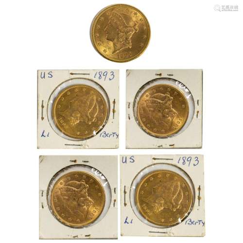 Five Liberty Head $20 Gold Coins: 1893; (2) 1895; 1899; and ...
