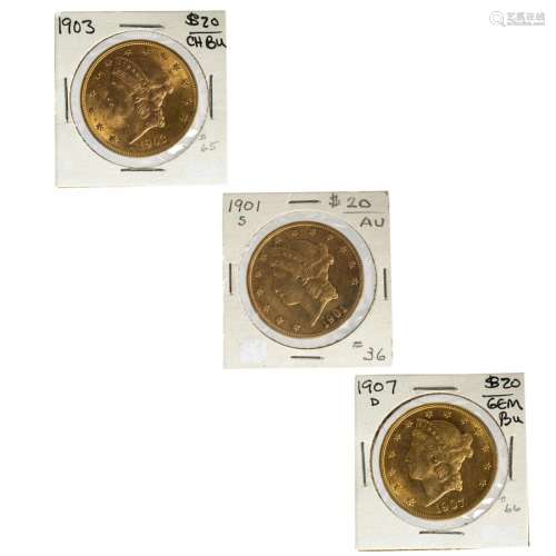 Three $20 Liberty Gold Double Eagle coins: 1901s (Au); 1903(...