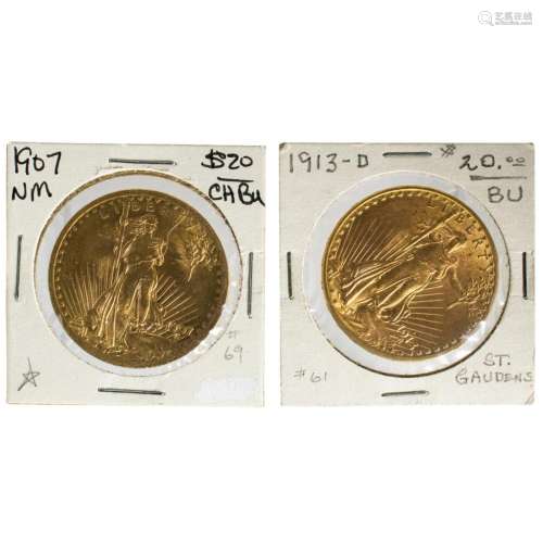 Two $20 Liberty Gold Double Eagle coins: 1907 (ChBU), 1913D ...