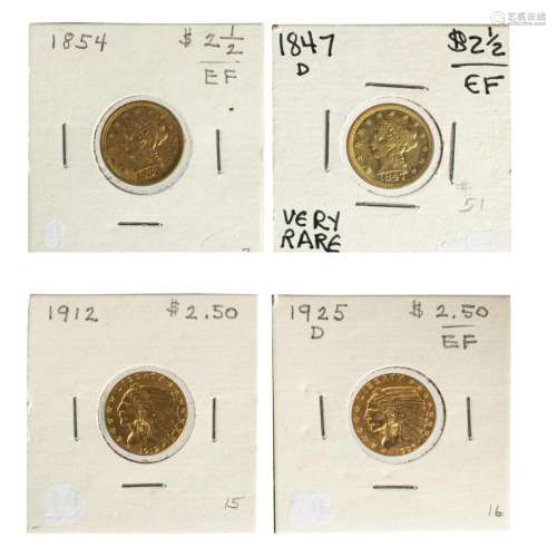 Four $2 1/2 Gold coins: 1847D (unc); 1854 (EF); 1912 and 192...