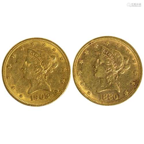 Two $10 Liberty Gold Eagles: 1880 and 1903