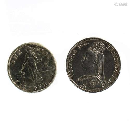 Two silver coins: 1890 British Crown and 1903s Phillipines P...