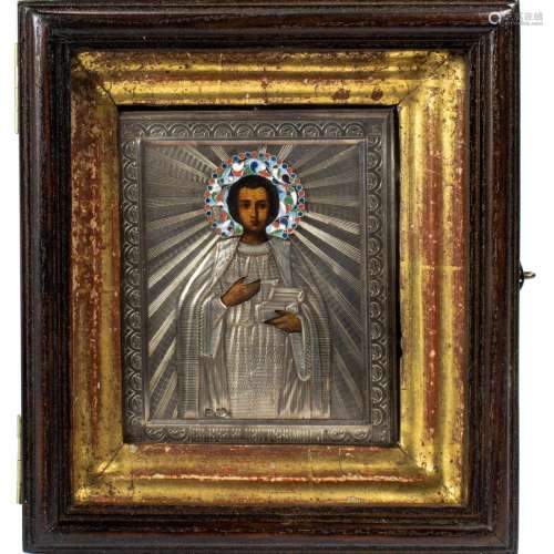 A Russian cloisonne silver oklad icon of St Pantelemion