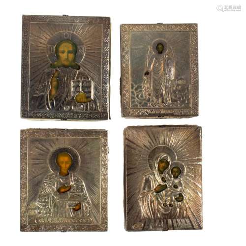 Four Russian miniature 84 silver oklad travel icons