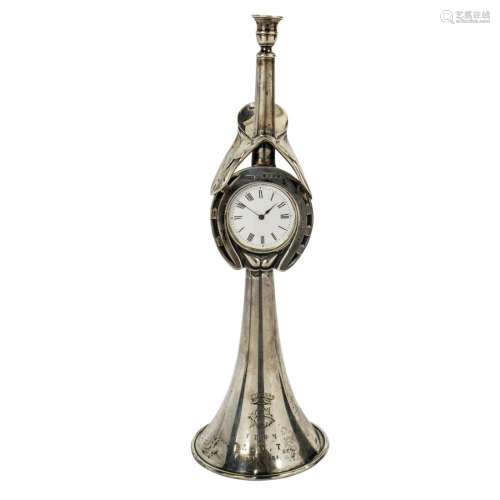 Victorian sterling silver trophy form presentation clock, Wi...