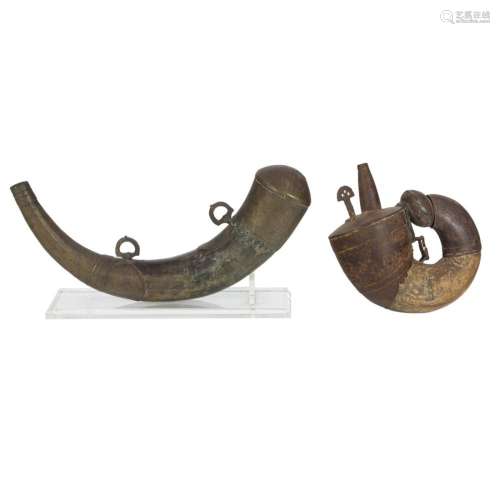 Two Middle Eastern or Indian powder horns