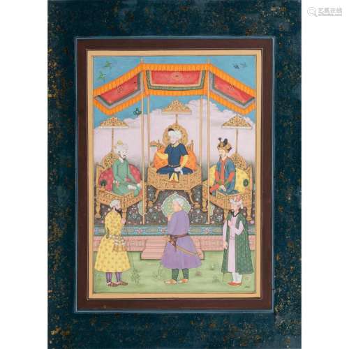 Mughal School, a colorful Miniature painting of a tented thr...