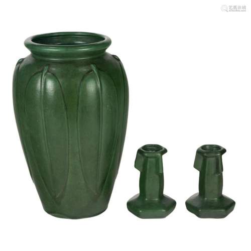 A Large Weller Arts & Crafts green glaze vase with wide ...