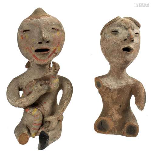 Two Tesuque Pueblo clay seated figures