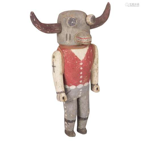 An old Hopi Cowboy ogre kachina, classic cow horns, bulging ...