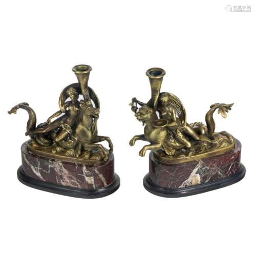A pair of Grand Tour style bronze and marble figural candles...