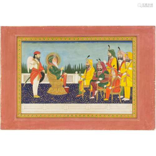 Sikh School, Miniature painting of Mararaja meeting with a P...