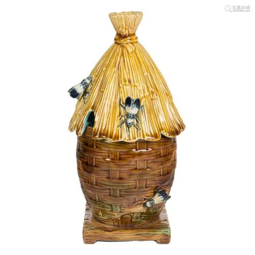 An English majolica bee skep honey pot