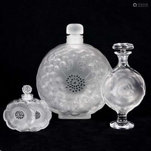 Three Lalique frosted and clear glass perfume bottles