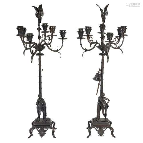 A pair of Pomeiian Revival style patinated metal figural six...