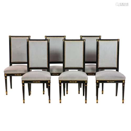 Six Maison Jansen ebonized and partial gilt wood dining chai...