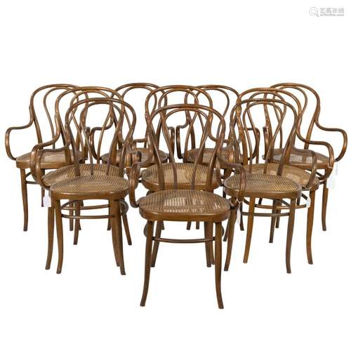 Suite of ten Austrian art nouveau oak bentwood armchairs, so...