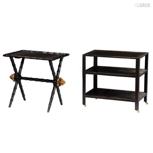 An assembled ebonized contemporary table group