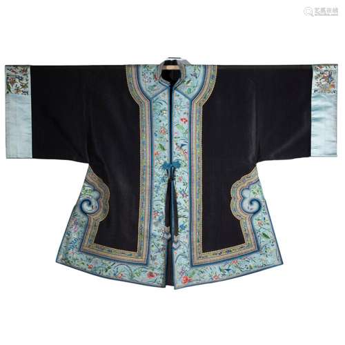 A Chinese black gauze lady's robe with embroidered colla...