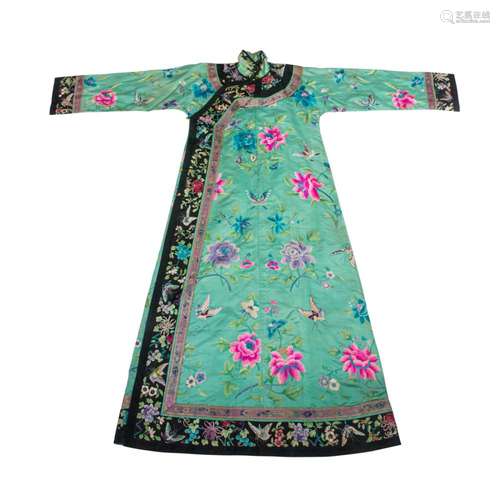 A Chinese embroidered lady's turquoise-ground silk robe