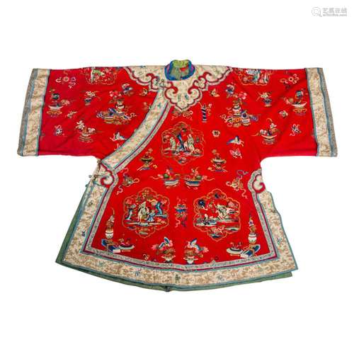 A Chinese lady's embroidered red-ground silk robe