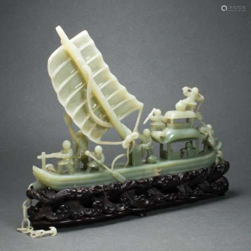 Chinese celadon jade carving of a boat