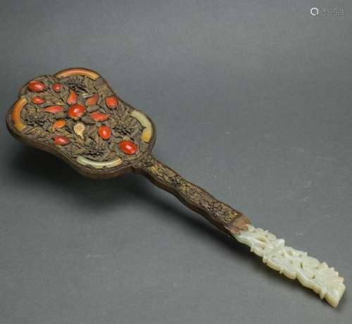 Chinese metal hand mirror with white jade handle