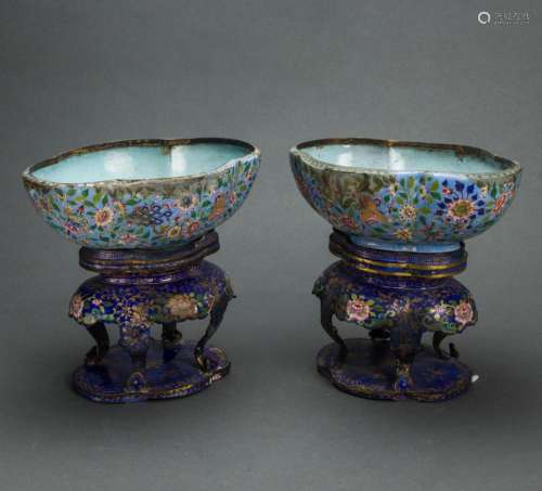 A pair of Canton enameled metal bowls and matching stands