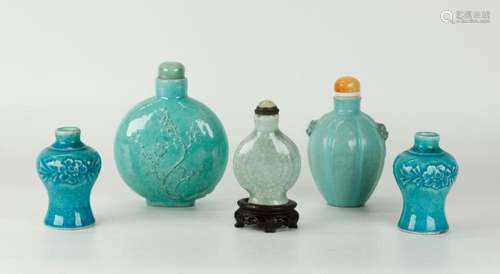 5 Chinese Turquoise Porcelain Snuff Bottles