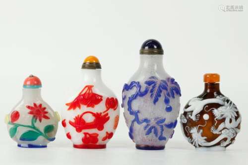 4 Chinese Well Carved Overlay Glass Snuff Bottles