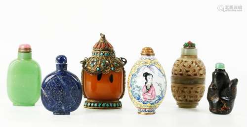 6 Chinese Snuff Bottles Glass Stone Canton Enamel