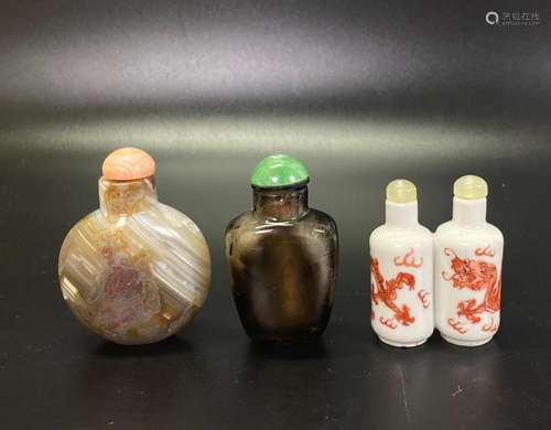 3 Chinese Snuff Bottles Porcelain Agate Quartz