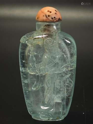 Chinese Li Tieguai Carved Aquamarine Snuff Bottle