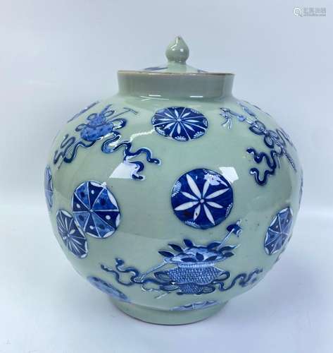 Chinese Blue White Celadon Porcelain Jar & Cover