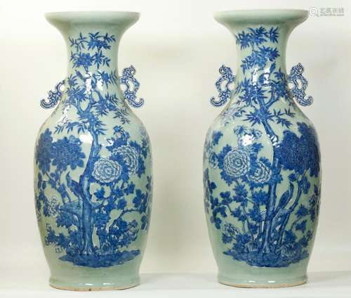 Lg Pr Chinese Blue White Celadon Porcelain Vases