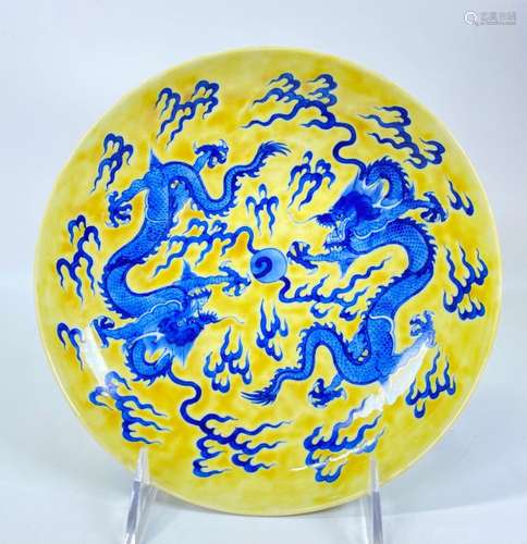 Chinese Blue & Yellow Porcelain Dragon Plate